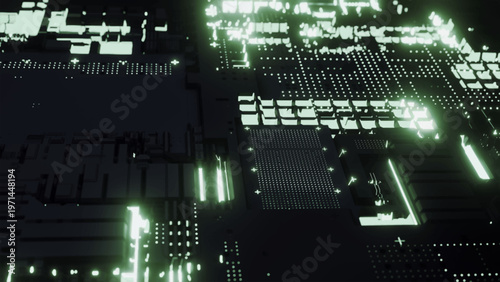 A close-up of a high-tech printed circuit board with bright neon lights. The complexity of modern electronics and microchip architecture. Innovation, data processing speed, and computing technologies.