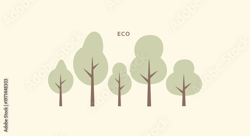 Five stylized trees in muted green and brown on a pale yellow background with the word E C O forest nature