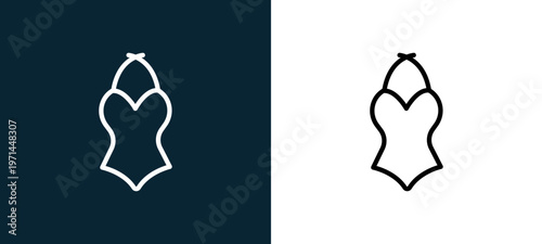 Two-color swimsuit outline icon pair in black and white, editable stroke vector illustration for web, mobile apps, UI design, branding, and print from seasons