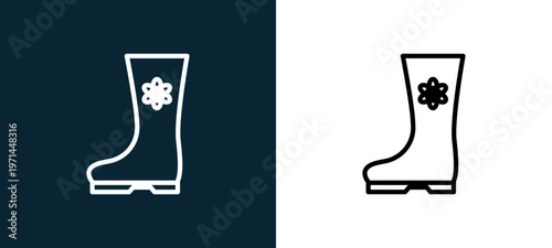 Two-color boots outline icon pair in black and white, editable stroke vector illustration for web, mobile apps, UI design, branding, and print from seasons