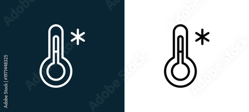 Two-color thermometer outline icon pair in black and white, editable stroke vector illustration for web, mobile apps, UI design, branding, and print from seasons