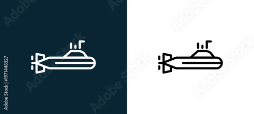 Two-color submarine outline icon pair in black and white, editable stroke vector illustration for web, mobile apps, UI design, branding, and print from military