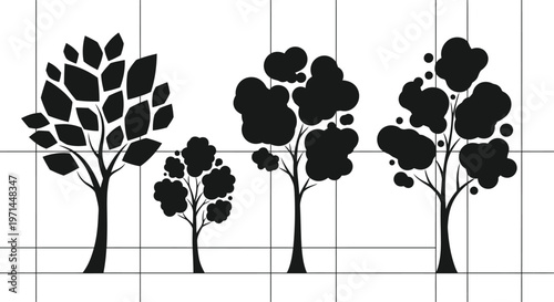 Four black silhouette trees with different leaf shapes on a white background with grid lines nature