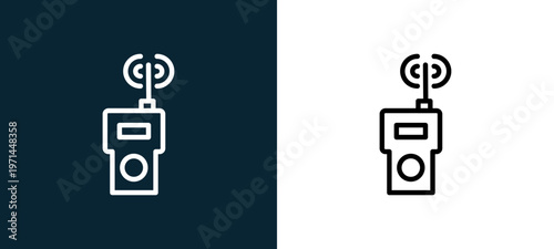 Two-color walkie talkie outline icon pair in black and white, editable stroke vector illustration for web, mobile apps, UI design, branding, and print from military