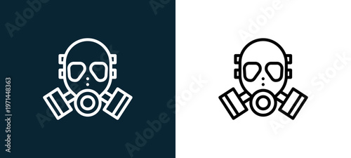 Two-color gas mask outline icon pair in black and white, editable stroke vector illustration for web, mobile apps, UI design, branding, and print from military