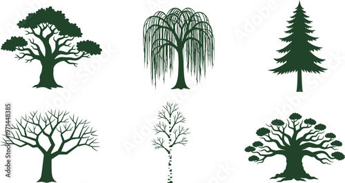Six dark green tree silhouettes including oak willow pine bare birch and bonsai