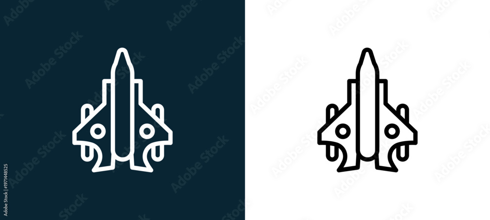 Fototapeta premium Two-color jet outline icon pair in black and white, editable stroke vector illustration for web, mobile apps, UI design, branding, and print from military