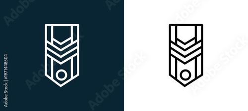 Two-color chevron outline icon pair in black and white, editable stroke vector illustration for web, mobile apps, UI design, branding, and print from military