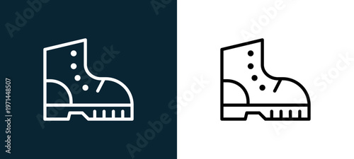 Two-color boot outline icon pair in black and white, editable stroke vector illustration for web, mobile apps, UI design, branding, and print from military
