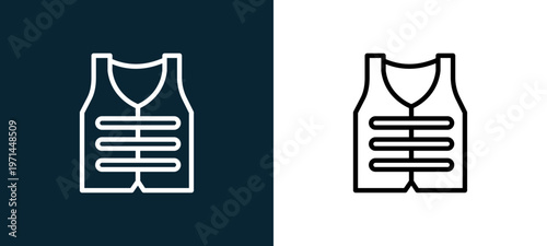 Two-color bullet proof vest outline icon pair in black and white, editable stroke vector illustration for web, mobile apps, UI design, branding, and print from military