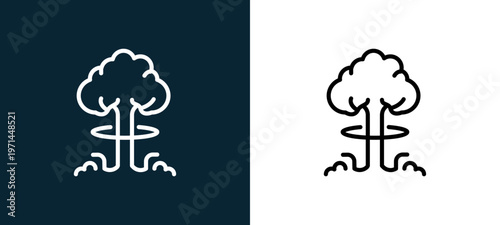 Two-color nuclear bomb outline icon pair in black and white, editable stroke vector illustration for web, mobile apps, UI design, branding, and print from military