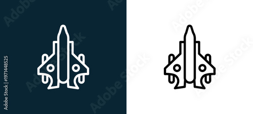 Two-color jet outline icon pair in black and white, editable stroke vector illustration for web, mobile apps, UI design, branding, and print from military