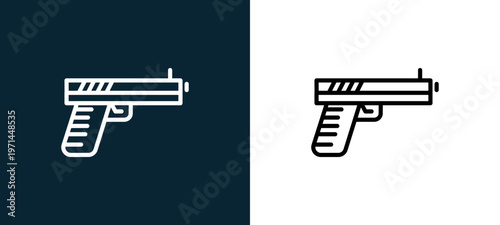 Two-color gun outline icon pair in black and white, editable stroke vector illustration for web, mobile apps, UI design, branding, and print from military