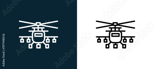 Two-color helicopter outline icon pair in black and white, editable stroke vector illustration for web, mobile apps, UI design, branding, and print from military