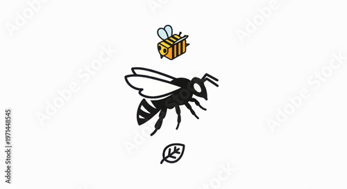 Bee Honey Pot and Leaf Illustration.