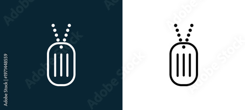 Two-color dog tag outline icon pair in black and white, editable stroke vector illustration for web, mobile apps, UI design, branding, and print from military