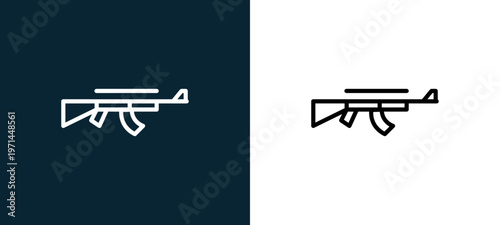 Two-color rifle outline icon pair in black and white, editable stroke vector illustration for web, mobile apps, UI design, branding, and print from military