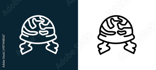 Two-color helmet outline icon pair in black and white, editable stroke vector illustration for web, mobile apps, UI design, branding, and print from military