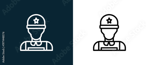 Two-color soldier outline icon pair in black and white, editable stroke vector illustration for web, mobile apps, UI design, branding, and print from military