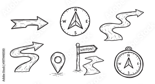 Navigation and Waypoint Symbols with Compass and Directional Arrows. Vintage Map Elements for Travel and Exploration.