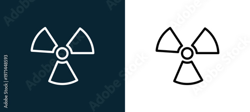 Two-color nuclear outline icon pair in black and white, editable stroke vector illustration for web, mobile apps, UI design, branding, and print from military