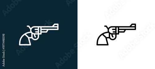 Two-color revolver outline icon pair in black and white, editable stroke vector illustration for web, mobile apps, UI design, branding, and print from military
