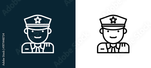 Two-color soldier outline icon pair in black and white, editable stroke vector illustration for web, mobile apps, UI design, branding, and print from jobs