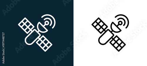 Two-color satellite outline icon pair in black and white, editable stroke vector illustration for web, mobile apps, UI design, branding, and print from military