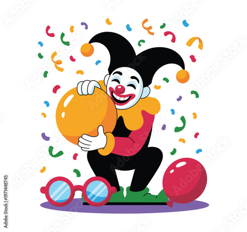 Clown holding orange balloon with confetti party celebration.