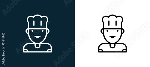 Two-color chef outline icon pair in black and white, editable stroke vector illustration for web, mobile apps, UI design, branding, and print from jobs