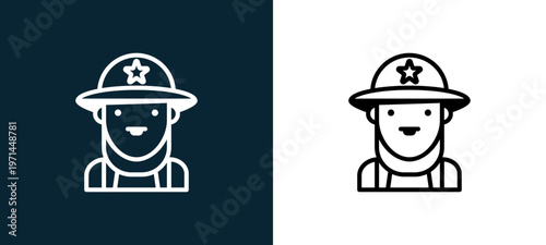 Two-color firewoman outline icon pair in black and white, editable stroke vector illustration for web, mobile apps, UI design, branding, and print from jobs