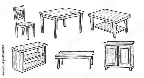 Classic wooden furniture set with hand drawn chair tables coffee table bench and rustic storage cabinet icons.