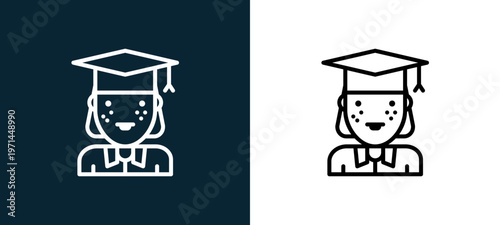 Two-color student outline icon pair in black and white, editable stroke vector illustration for web, mobile apps, UI design, branding, and print from jobs