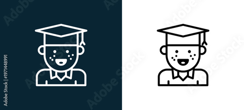 Two-color student outline icon pair in black and white, editable stroke vector illustration for web, mobile apps, UI design, branding, and print from jobs