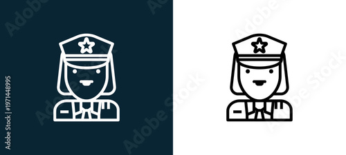Two-color soldier outline icon pair in black and white, editable stroke vector illustration for web, mobile apps, UI design, branding, and print from jobs