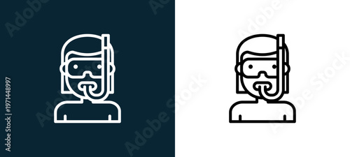 Two-color snorkel outline icon pair in black and white, editable stroke vector illustration for web, mobile apps, UI design, branding, and print from jobs