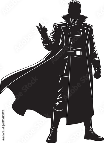 Military commander silhouette vector illustration with long coat and confident line art
