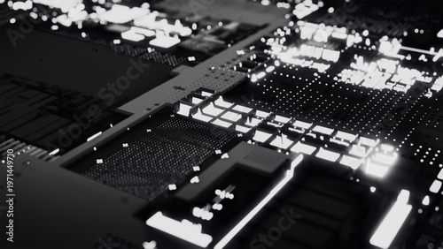 A monochrome image of a high-tech printed circuit board with bright, illuminated elements. The contrast of black and white highlights the geometry of the microchips and the complexity of the