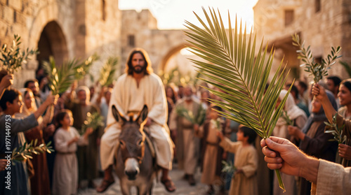 Jesus Christ riding a donkey through a crowd of people waving palm branches in a joyful procession