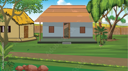 Rural village landscape with traditional houses illustration