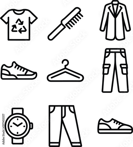 Illustrated icons of everyday clothing and personal care items