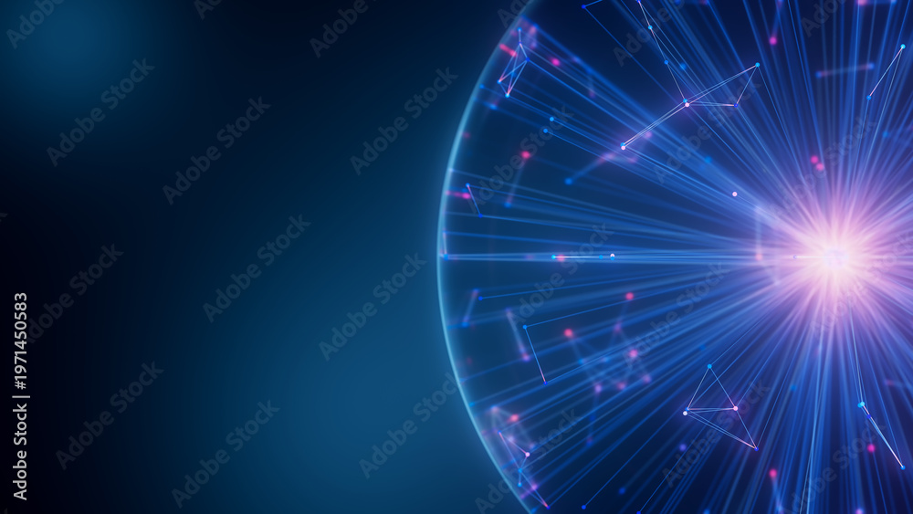 Fototapeta premium Closeup of Abstract big data sphere of quantum computing qubit core. Data flow transmission and connections from central core. Ai cloud computing unit. Futuristic technology
