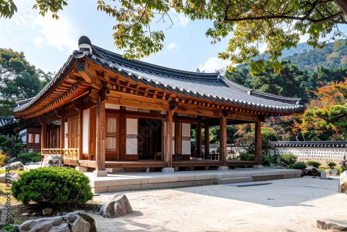 Traditional Korean Hanok House Exterior with Garden