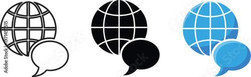 Global communication vector illustration set featuring international earth globe icons combined with speech bubble shapes for digital networking designs
