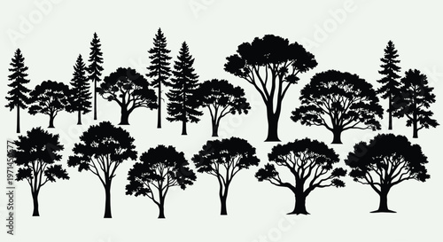 Collection of black tree silhouettes on a light background nature forest
