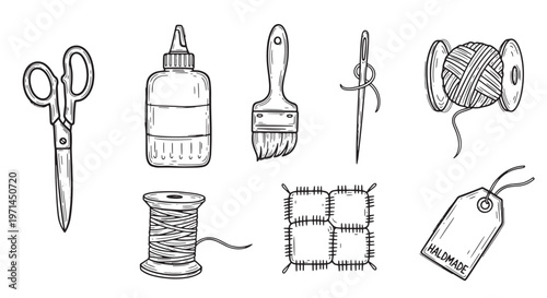 Handmade Craft and Sewing Tools Collection. Vintage Hand Drawn Tailoring Equipment for Textile Design and DIY Projects.
