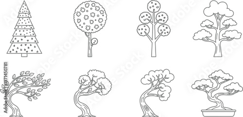 Collection of eight stylized line trees with varied shapes and foliage nature