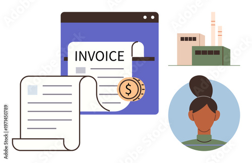Business finances, accounting tools, digital transactions, factory operations, small business, remote management. Invoice page, rolled receipt woman avatar factory. Business finances and accounting