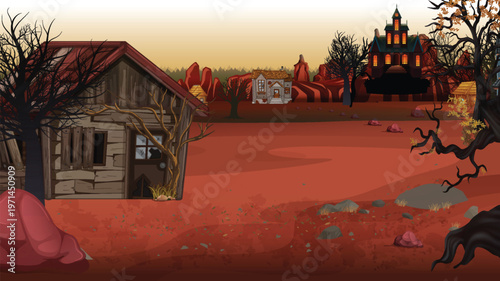 Eerie Halloween Landscape with Haunted House and Dilapidated Cabin