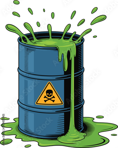 Toxic waste barrel illustration, hazardous chemical spill vector cartoon isolated danger pollution environment concept